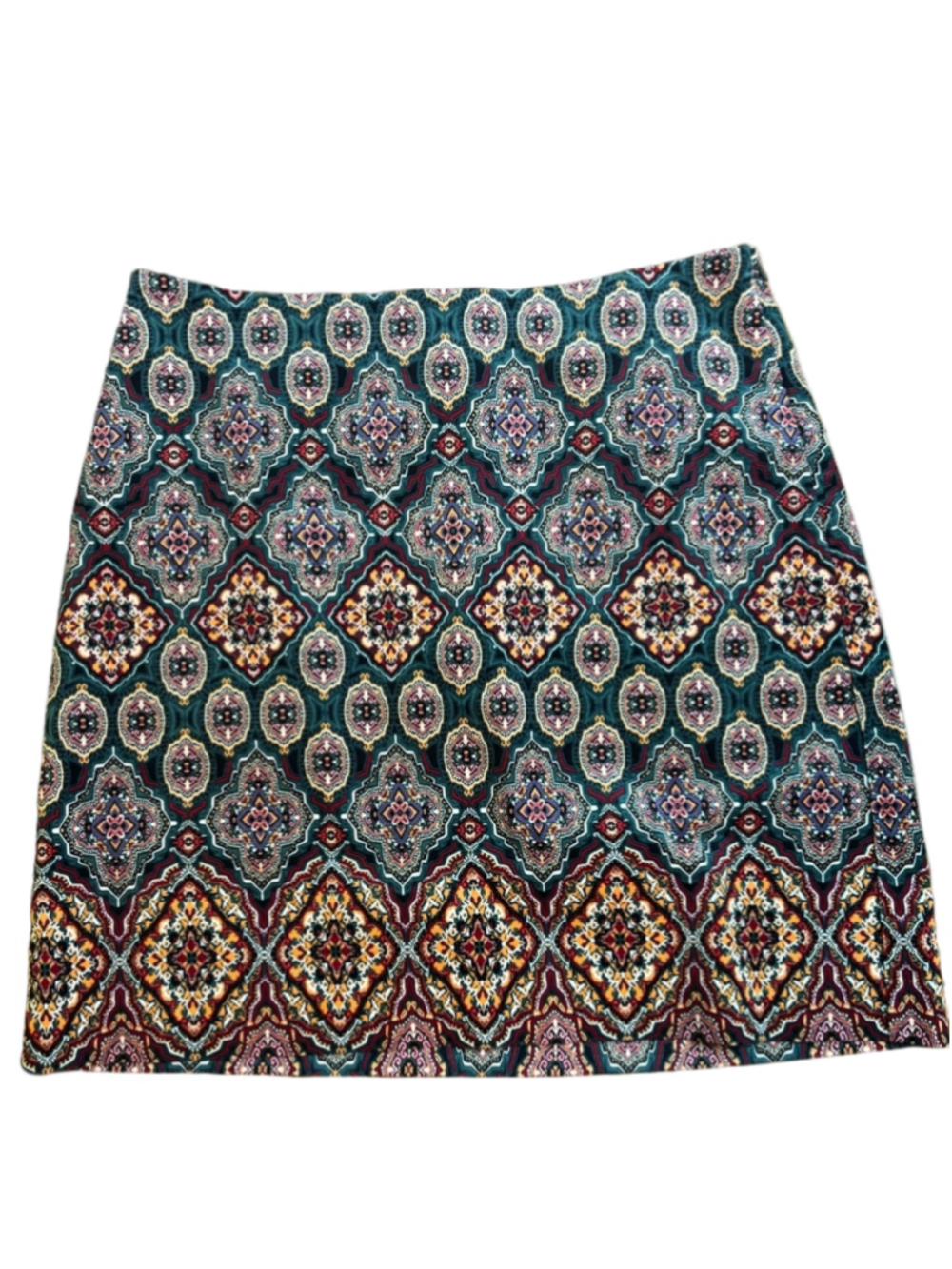 LOFT Medallion Print Mini Skirt Teal Boho Cotton Modal Lined Women’s Size 8